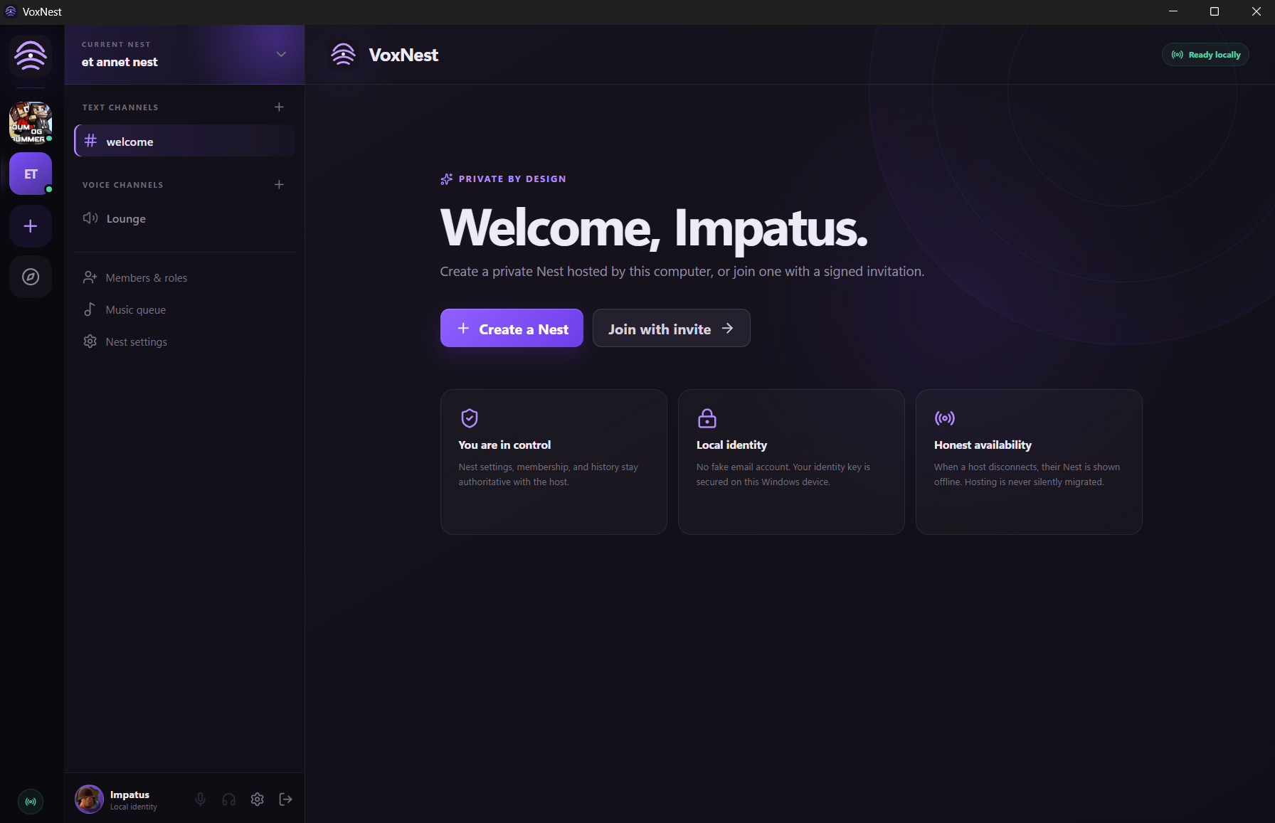 The VoxNest desktop app showing a private Nest, channels and local hosting status